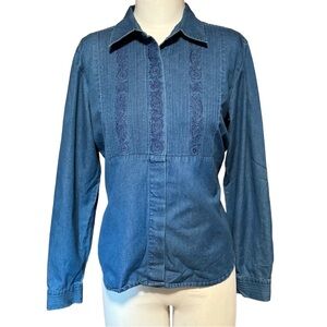 Vintage Talbots Embroidered Denim Button Down Shirt Size M Floral Western Preppy
